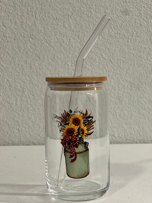 Tin Can with Sunflowers Glass Cup