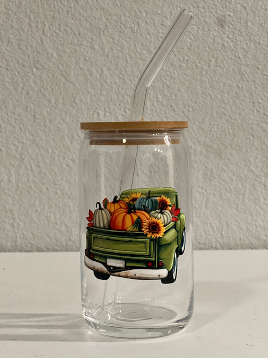 Rustic Green Truck with Pumpkins and Flowers Glass Cup